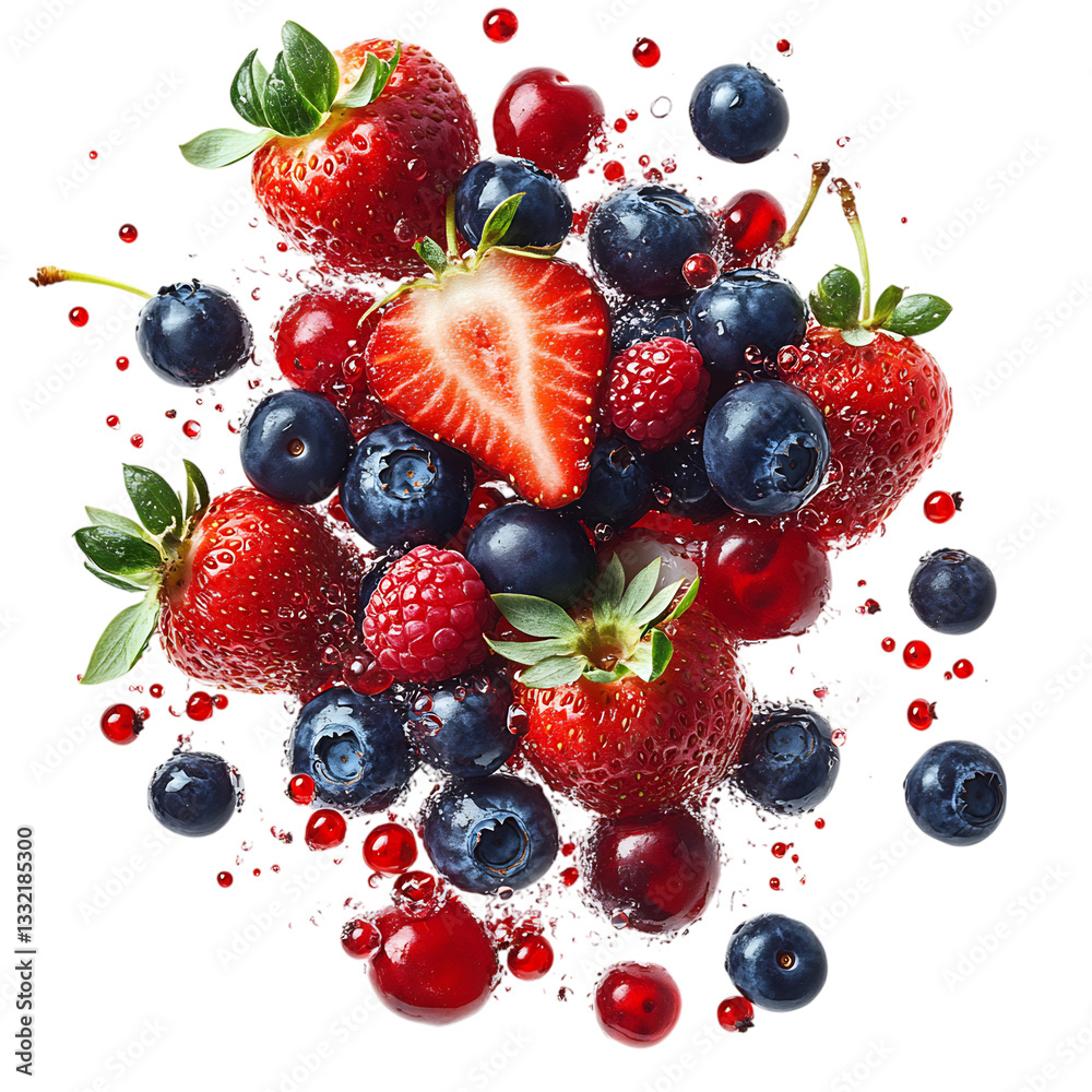 Cherries Blueberries and Strawberries with Water Splash Isolated on Transparent Background Cherries Blueberries and Strawberries with Water Splash Isolated on Transparent Background
