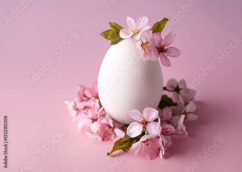 White Easter egg with beautiful pink spring flowers, green leaves on pink background.