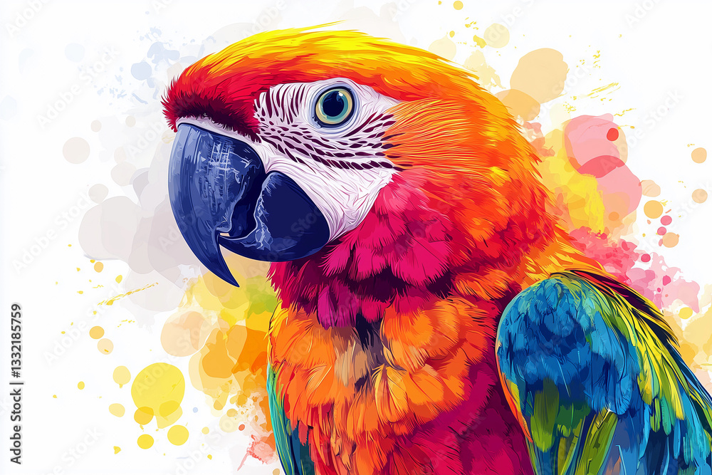Obraz premium a colorful parrot with a blue beak and a yellow beak on its head, with a splash of paint on the background
