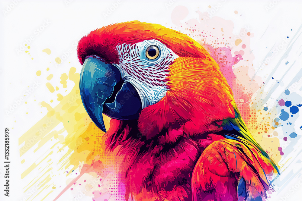Fototapeta premium a colorful parrot with a blue beak and a yellow beak on its head, with a splash of paint on the background
