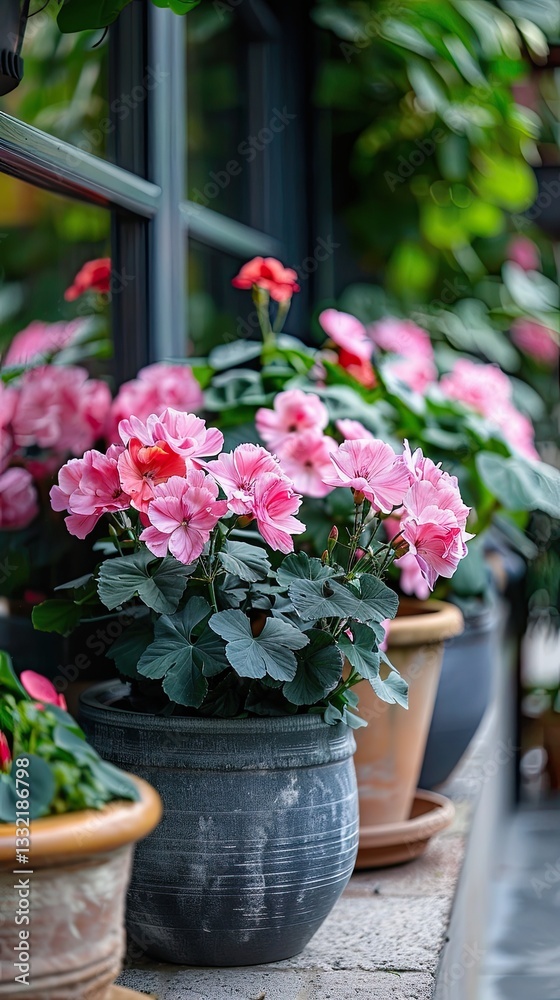 Fototapeta premium Pink carnations bloom beautifully in a rustic ceramic pot, their soft petals adding a touch of charm.