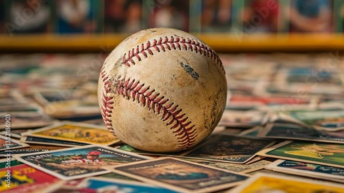 Vintage baseball resting on a collection of colorful trading cards in a nostalgic setting