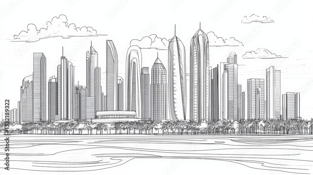 Fototapeta premium Abu Dhabi Skyline: A Single Line Art Perspective - Elegant line art depicting Abu Dhabi's modern cityscape. Symbolizes progress, architecture, luxury, tourism, and the future