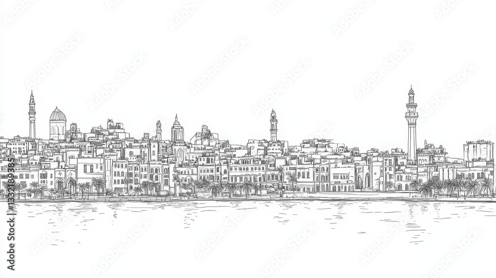 Alexandria Cityscape Line Art - Single line drawing of Alexandria, Egypt's waterfront. Illustrates city buildings, minarets, palm trees, and water. Evokes history, culture, travel, architecture Alexandria Cityscape Line Art - Single line drawing of Alexandria, Egypt's waterfront. Illustrates city buildings, minarets, palm trees, and water. Evokes history, culture, travel, architecture