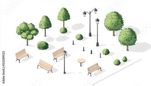 Isometric Pixel Art Park Scene Benches, Trees, and Lampposts