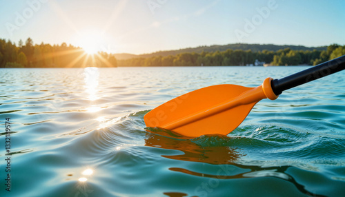 Vibrant kayak paddle cutting through water at sunset, outdoor adventure