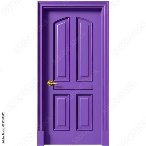 A vibrant purple door featuring elegant paneling and a gold handle.