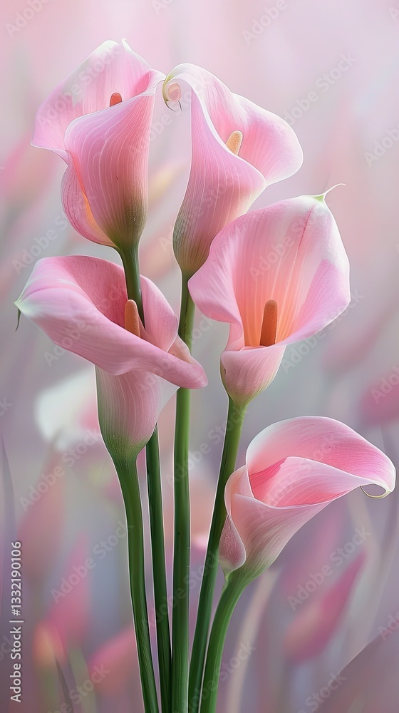 Obraz premium A delicate floral arrangement of soft pink calla lilies with baby's breath, set against a textured teal background for a romantic vintage look.