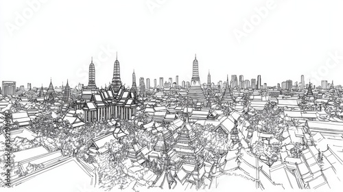 Bangkok Skyline Line Art Panorama - Detailed line art illustration of Bangkok's cityscape, featuring iconic temples, traditional architecture, and modern skyscrapers. Evokes a sense of history