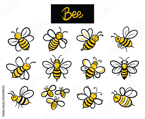 Set of bee doodles icon on white background
