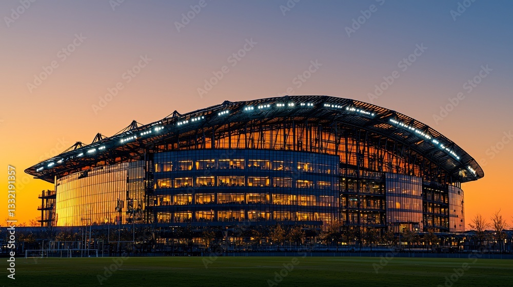 Fototapeta premium Modern building at sunset over grassy field