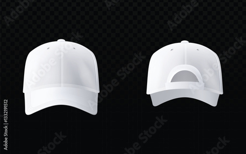 White baseball cap vector art, a globally recognized headwear item. Clean vector lines create realistic front and back views. Ideal for mockups, designs, or digital representations of apparel.