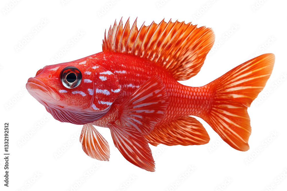 Fototapeta premium Vibrant red fish swimming gracefully against a white isolated background.