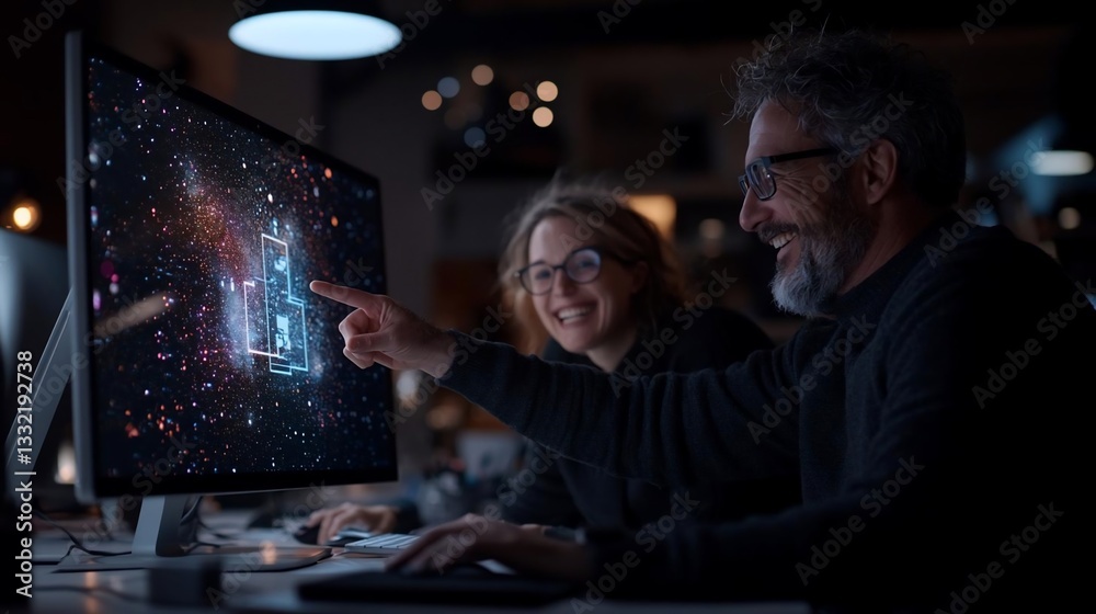 Man and Woman Collaborate on Space Nebula Research on Computer Screen in Dark Office Man and Woman Collaborate on Space Nebula Research on Computer Screen in Dark Office