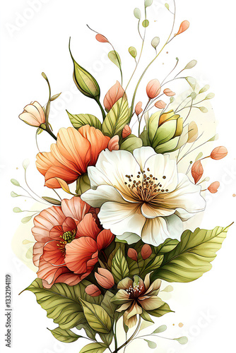 Fantasy floral watercolor featuring vintage botanical elements and enchanting fantasy flowers. Elegant Floral Arrangement with Colorful Blooms and Greenery