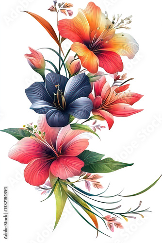 Fantasy floral watercolor featuring vintage botanical elements and enchanting fantasy flowers. Colorful Floral Arrangement with Vibrant Tropical Flowers