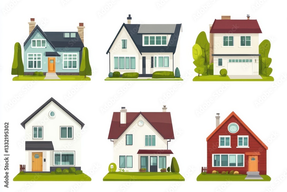 Suburban houses representing residential architecture with lush green lawns and gardens Suburban houses representing residential architecture with lush green lawns and gardens