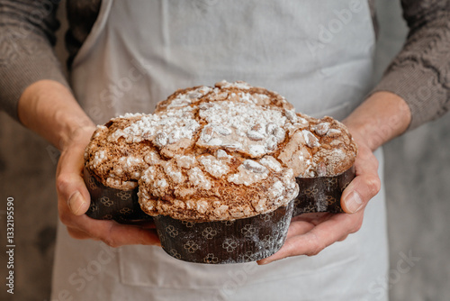 male chef holding christmas colomba cake against grey wall