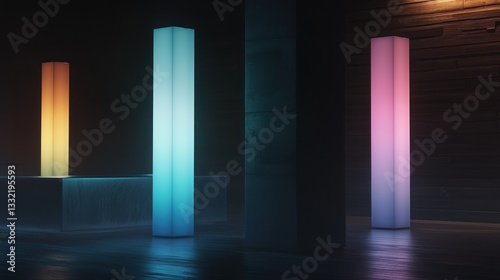 Wallpaper Mural Colorful light pillars in modern, dark interior space Torontodigital.ca