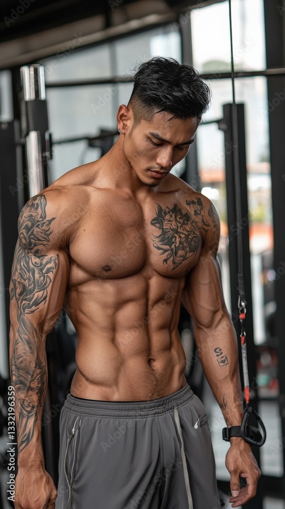 Fototapeta premium A transgender athlete training at the gym, determined look, strong physique, dynamic angle