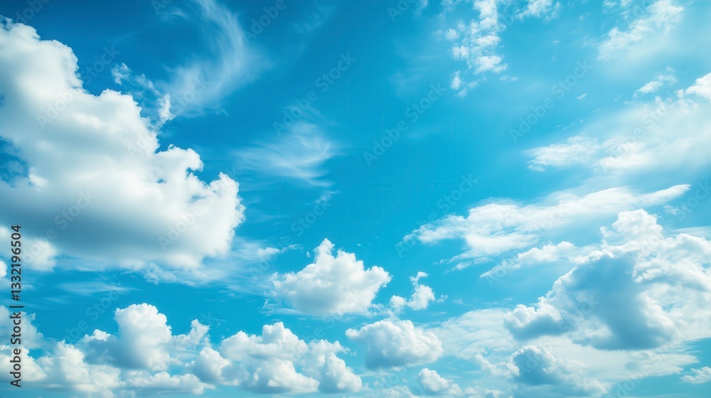 Fototapeta premium Bright blue summer sky with soft white clouds, airy and minimalistic atmosphere