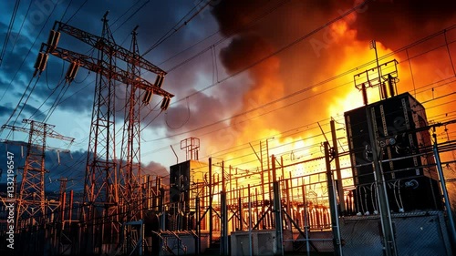Flames engulf electrical equipment as a major fire breaks out at power station amid dark storm clouds in nearby urban landscape