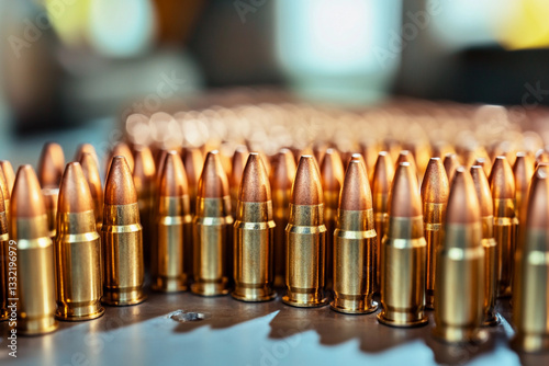 Close-up view of bullet casings arranged in neat rows Generative AI