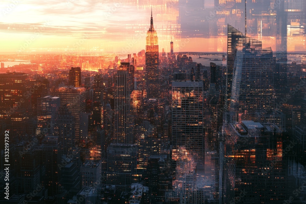Fototapeta premium Sunset Manhattan cityscape double exposure