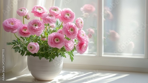 Beautiful ranunculus blossoms in a white pot on a sunlit windowsill, casting gentle shadows in the morning light