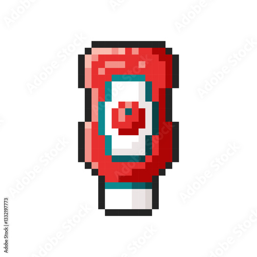 Pixel tomato ketchup bottle isolated on transparent background. Pixelated badge, game asset or computer arcade item. Red sauce icon. Vector pixel art illustration in 16 bit old style.