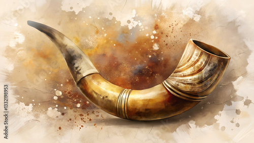 Watercolor shofar background in cream and brown tones, gentle strokes showcasing the traditional ram's horn, spiritual and reflective vibe with copy space 