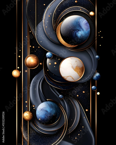Abstract swirling dark blue and gold spheres with metallic accents