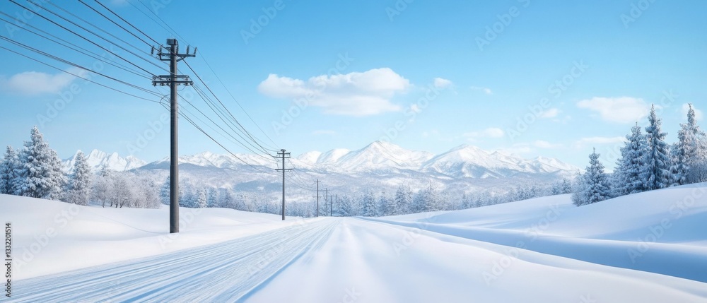 Serene Winter Landscape with Snow-Covered Road and Majestic Mountains in Clear Blue Sky Serene Winter Landscape with Snow-Covered Road and Majestic Mountains in Clear Blue Sky