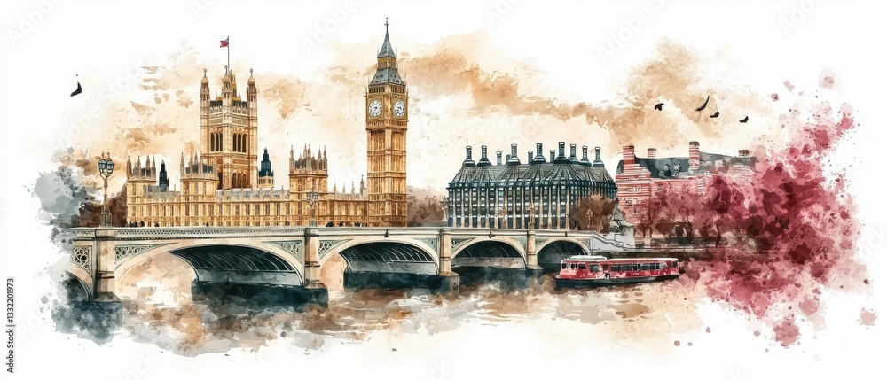 Obraz premium Vibrant watercolor sketch depicting the iconic cityscape of London England featuring the famous Big Ben clock tower and the grand Houses of Parliament along the banks of the River Thames