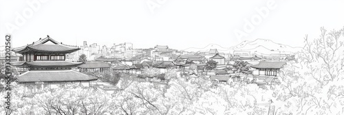 Gyeongju Cityscape: A Historic Korean Panorama - Serene sketch of ancient architecture, blending history, tradition, culture, serenity, and beauty. A peaceful view of Korean heritage