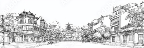 Hanoi Street Scene Line Art - Captivating line art depicting Hanoi's streets, showcasing traditional architecture, bustling life, cultural heritage