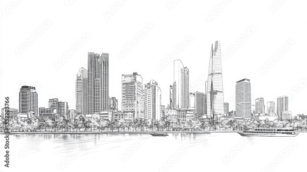 Fototapeta premium Ho Chi Minh City Skyline Sketch - Modern metropolis, dynamic lines, urban landscape, architectural design, cityscape illustration