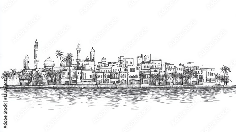 Fototapeta premium Jeddah Waterfront Line Art Illustration - Picturesque line art of Jeddah's waterfront, symbolizing coastal beauty, architectural heritage, cultural richness, Islamic architecture