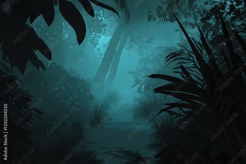 Fototapeta premium Mysterious Jungle Pathway Surrounded by Lush Greenery and Fog
