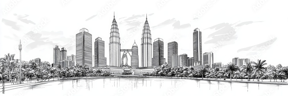 Fototapeta premium Kuala Lumpur Skyline Line Art Panorama - A stunning grayscale line art illustration of Kuala Lumpur's skyline, showcasing iconic skyscrapers, lush greenery