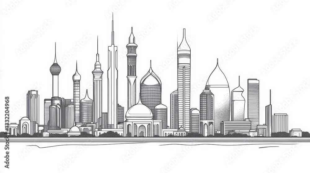 Gulf City Skyline Architectural Wonders - Modern architecture blends with Islamic domes and towering skyscrapers in a captivating city skyline. Symbolising progress, culture, faith, unity