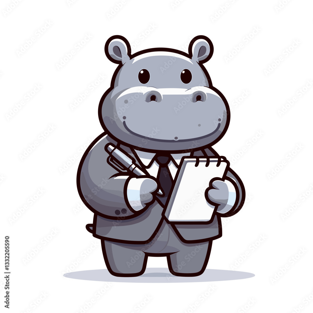 Naklejka premium Business hippo taking notes on clipboard in formal suit. Vector illustration for office work, administrative services or corporate training concepts.