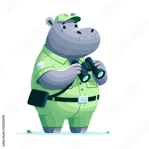 Wildlife ranger hippo with binoculars in green uniform. Vector illustration for nature conservation, animal protection or environmental education themes.