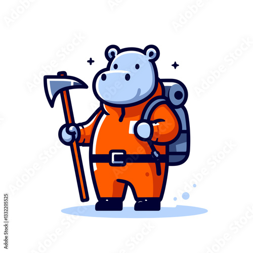 Mountain climber hippo with axe and equipment in orange uniform. Vector illustration for outdoor adventure, extreme sports or expedition themed content.