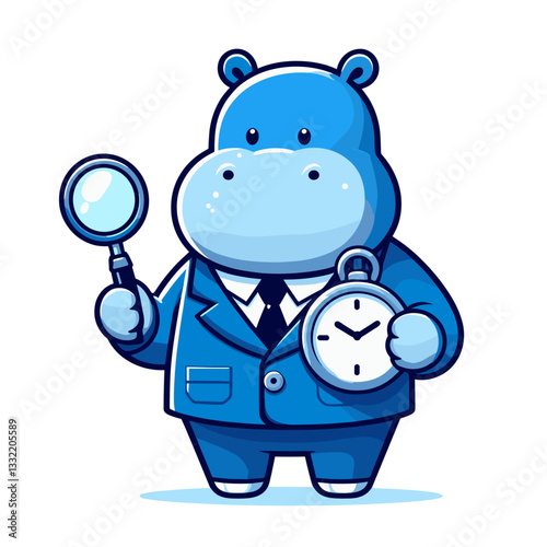 Detective hippo with magnifying glass and pocket watch in blue suit. Vector illustration for investigation services, mystery solving or time management concepts.