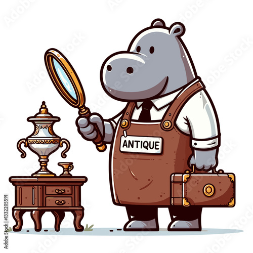 Antique dealer hippo examining item with magnifying glass. Vector illustration for vintage markets, collectable auctions or appraisal service concepts.