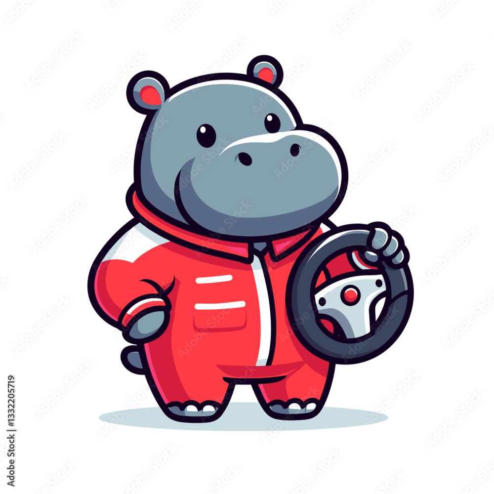 Fototapeta premium Gray hippo in red racing jumpsuit holding steering wheel. Vector illustration perfect for sports themes, competition concepts or children's car racing games.