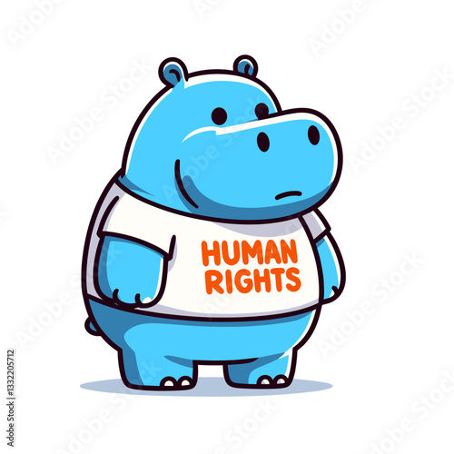 Activist hippo in blue shirt with Human Rights message. Vector illustration for social justice campaigns, humanitarian causes or advocacy organization branding.