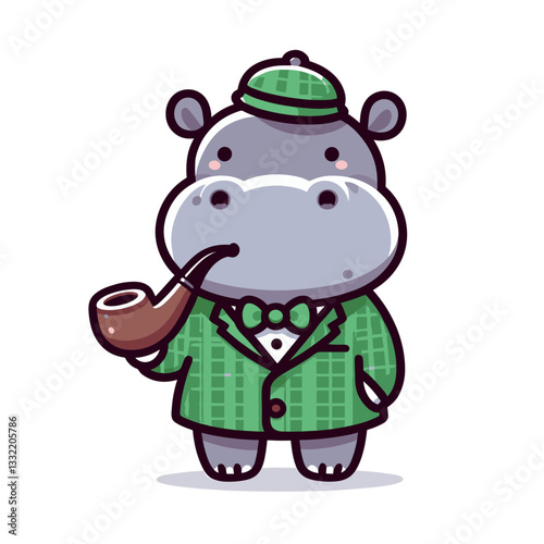 Gray hippo detective in green checkered suit with pipe. Vector illustration ideal for mystery themes, crime fiction or puzzle-solving games.
