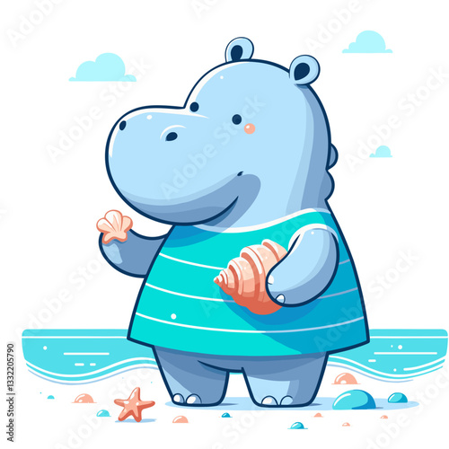 Blue hippo in turquoise beachwear on sandy shore with seashell. Vector illustration ideal for summer vacation themes, coastal activities or travel content.